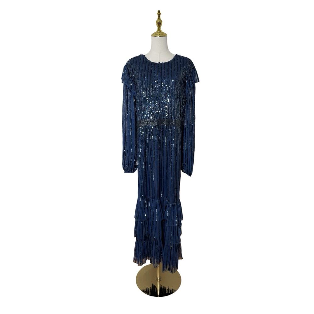 Mac Duggal 23003 Midnight Ruffle Sequin Midi Dress Size 16 $698 - Picture 4 of 8